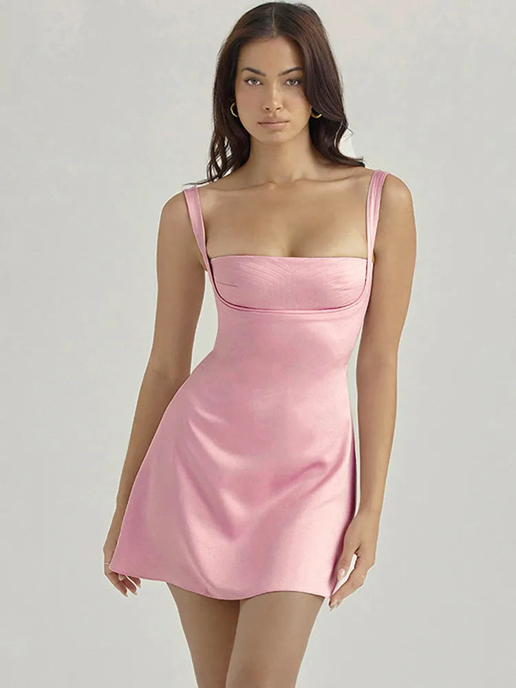 Birthday Dress For Women A-Line Pink Dress Sexy Satin Holiday Party Dresses Mini Casual Spaghetti Strap Graduation Dress Stretch voguable