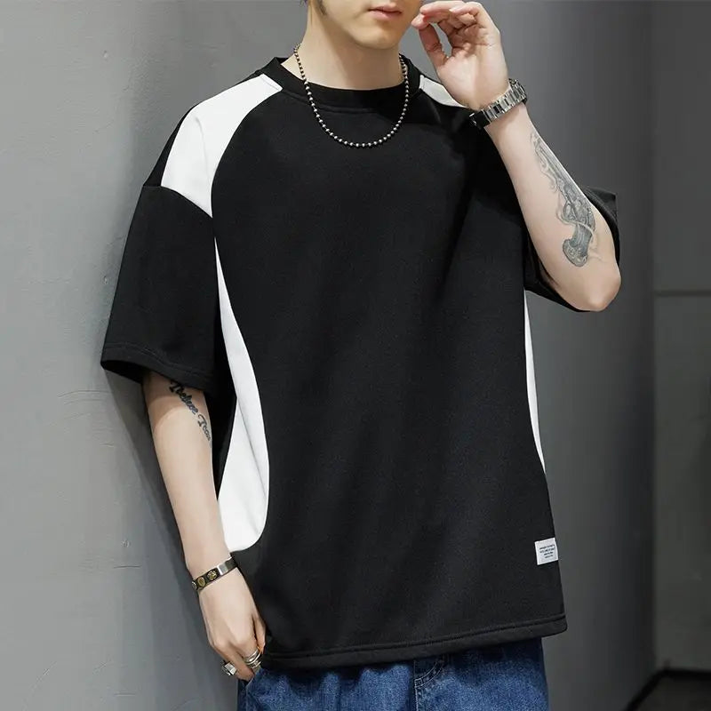 Voguable  Contrasted Color Splicing Short-sleeved T-shirt Men's Summer Two-piece Casual Loose Round Neck Pullover voguable