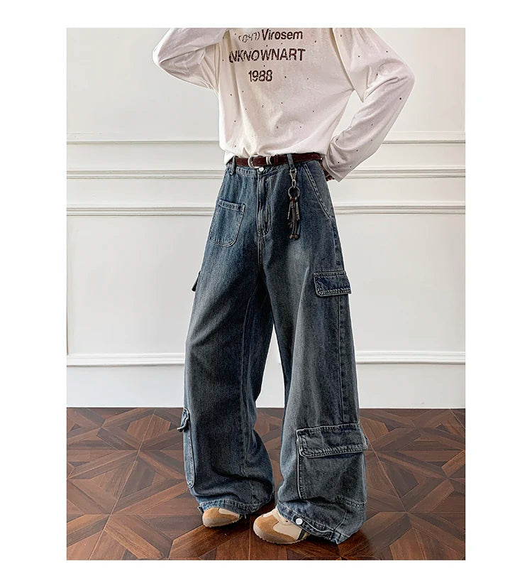 Men Workwear Cargo Jeans New Multi Pocket Loose Straight Leg Baggy Streetwear Denim Pants Urban Casual Trousers 2025 Autumn voguable