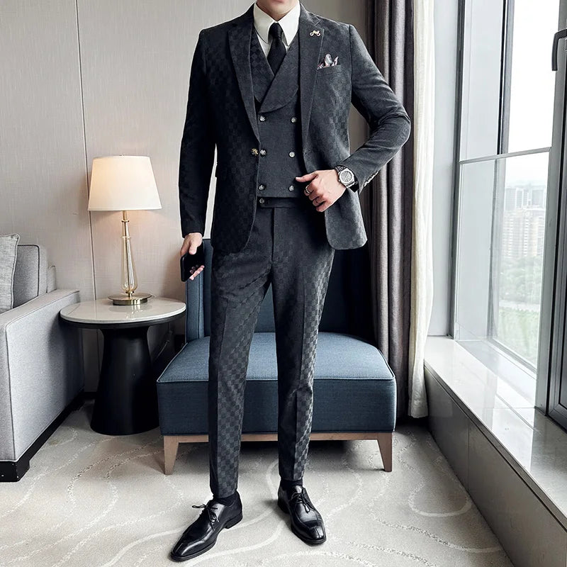 Voguable （Jacket+Vest+Pants）Classic Plaid Korean Slim-fit Men's High-end Banquet Dress Suit Fashion Men Formal Business Social Host Suit voguable