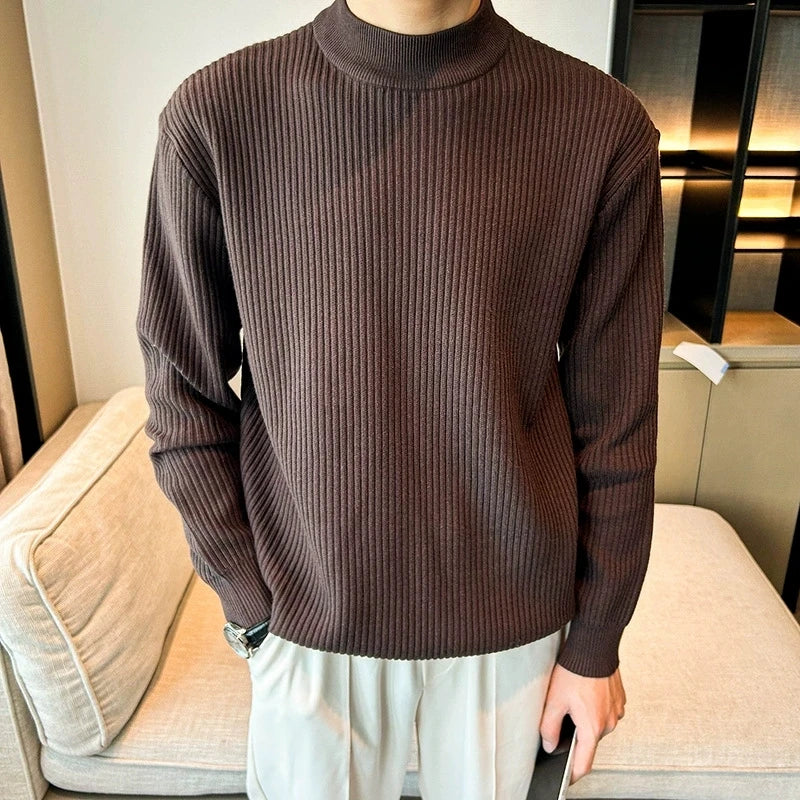 New Korean Retro Men Basic Sweaters Luxury Knit Solid Color Mock Neck Long Sleeve Pullover Casual Textured High Quality Knitwear voguable