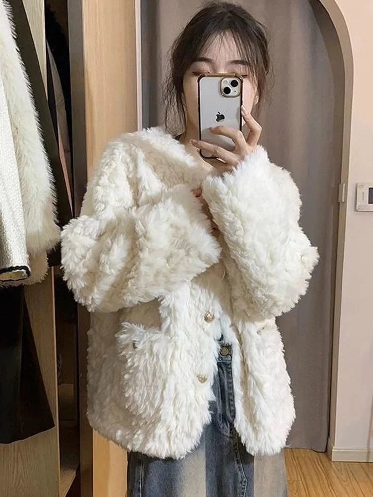 Winter Sweet Korean Faux Lamb Coat Women Vintage Warm Thick Long Sleeve Cute Jacket Casual O Neck Pockets Elegant White Tops New voguable