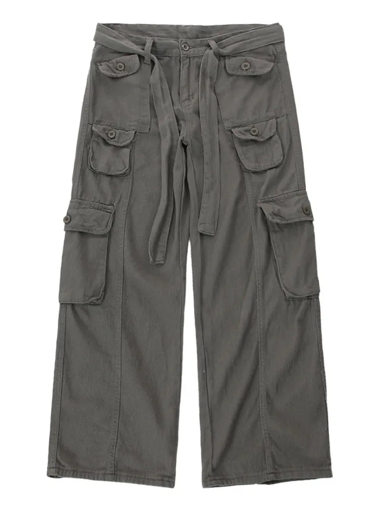 High street retro casual large pocket overalls men's and women's new summer high waist loose straight tube draped wide leg pants voguable