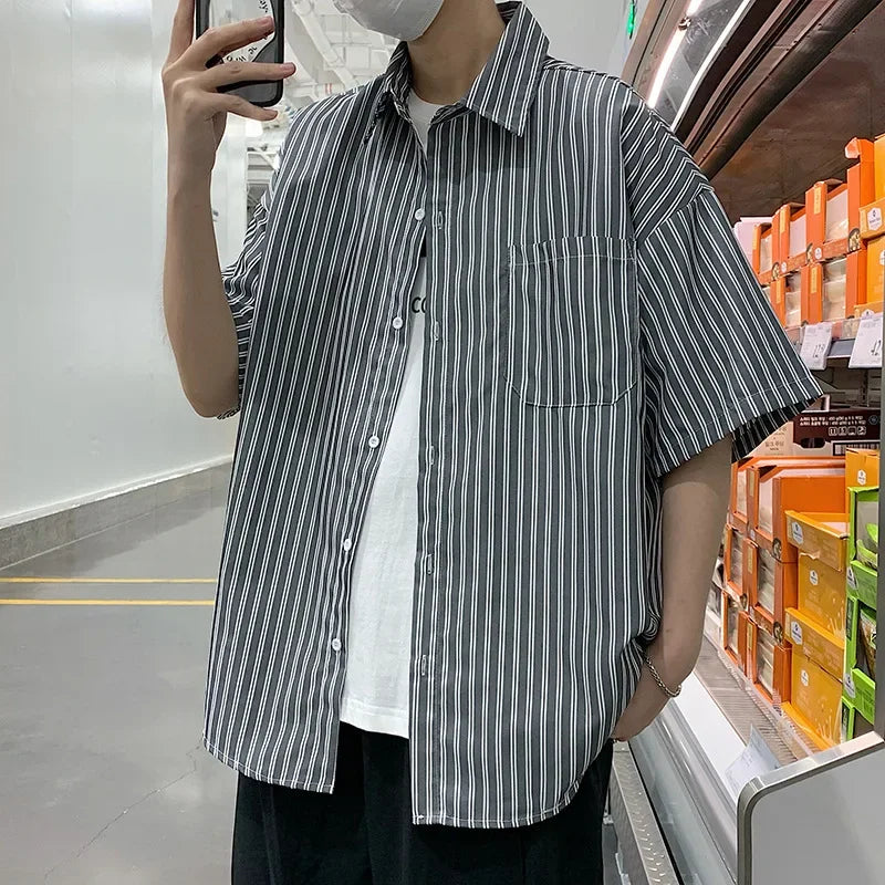 Japanese Style Simple Striped Short Sleeve Shirt For Men Summer Korean Trendy Loose Fit Casual Jacket voguable