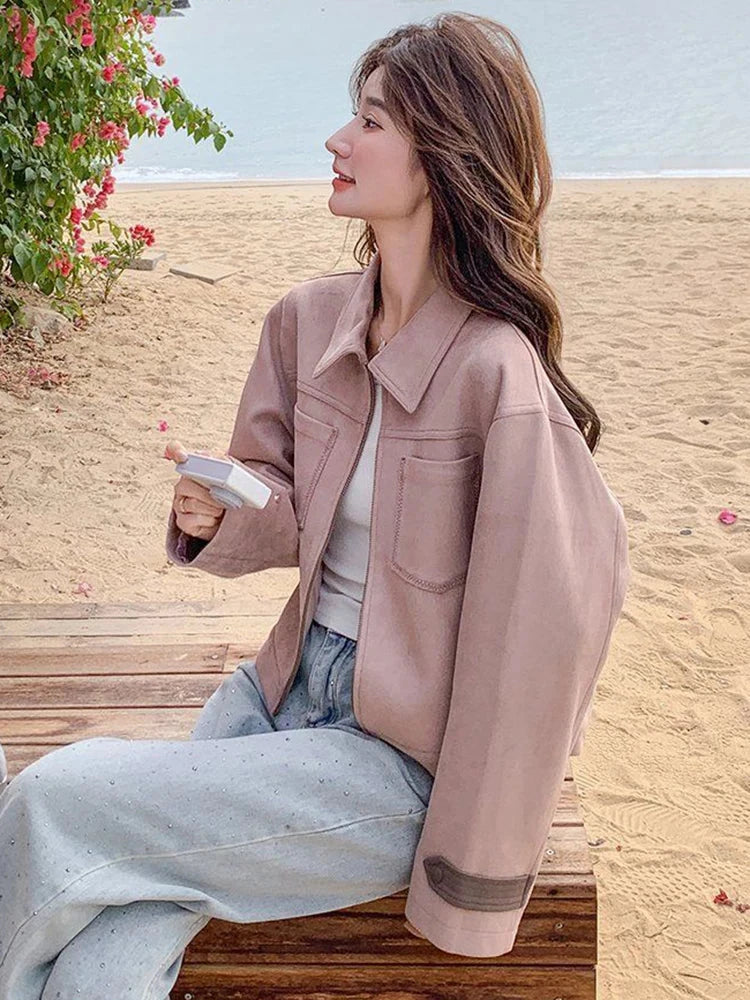 Pink Y2K Faux Suede Jacket Women Vintage Streetwear Long Sleeve Loose Coat Korean Casual Harajuku Fall Winter Outwear Tops voguable