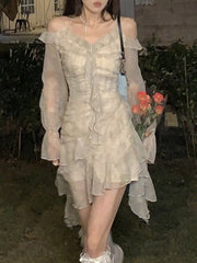 Voguable Y2K Ruffles Irregular Short Dress Women Summer New Tie Dye Flare Sleeves Spring Elegant Party Dress Prom Robe Halter Vestidos voguable