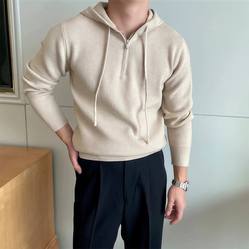 New British Leisure Men's Hooded Sweater Trendy Zip-up Preppy Style Slim-fit Long Sleeve Hoodies Casual Vintage Warmth Knitwear voguable