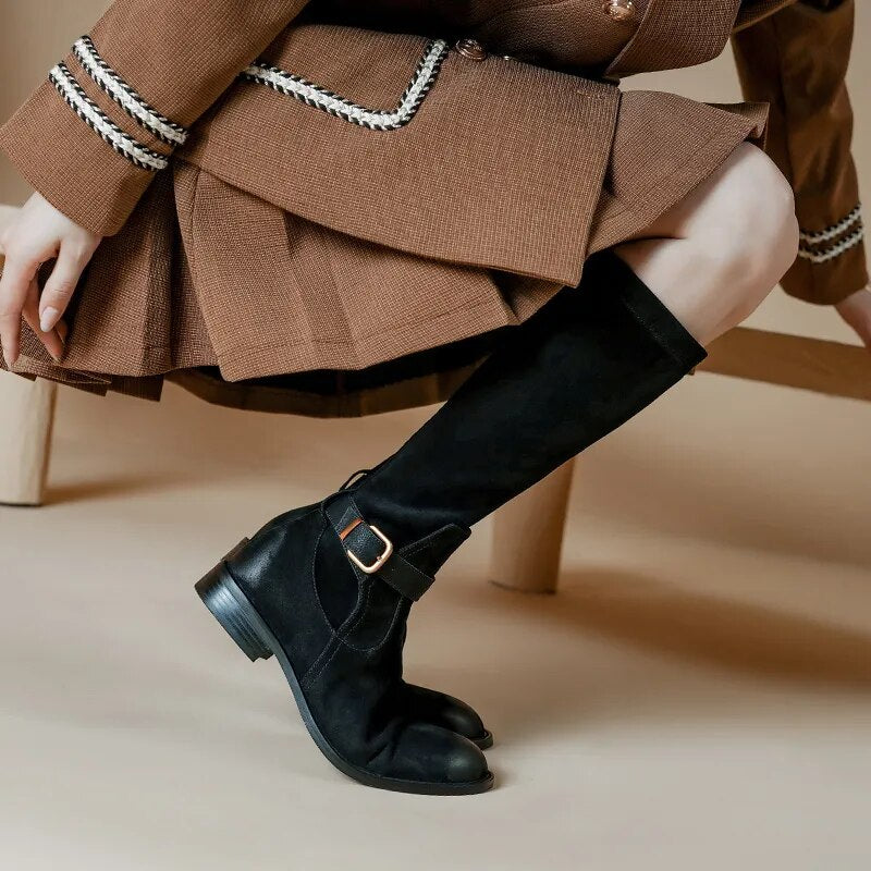 New Vintage Women Knee-High Boots Cow Suede Leather Thick Heels Office Ladies Working Shoes Woman Autumn Winter Retro Style voguable