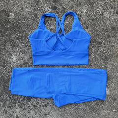 Voguable  Solid Color Tight Women Cross Back High Impact Shoulder Strap Fitness Bra Top High Waist Yoga Legging 2pc Gym Yoga Set Sportwear voguable