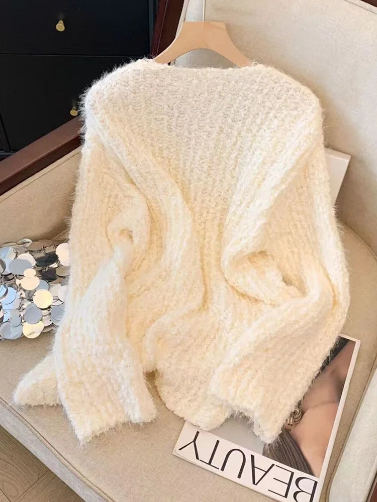 Pink Sweet Knitted Sweaters Women Fashion Lazy Wind Diamond Elegant Jumper Korean Chic Long Sleeve Loose Fall Winter Pullovers voguable