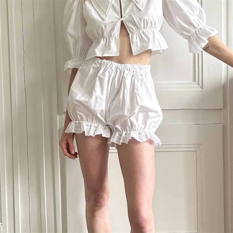 White Bloomers Ruffle Hem Bottoms Women Solid Color Elastic High Waist Panties Coquette Clothing y2k Victorian Shorts voguable