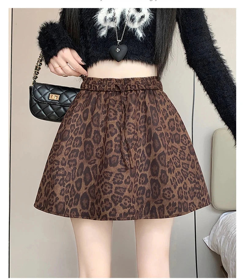 Y2K Leopard Mini Skirt Women High Waist Faux Suede Fabric A Line Skirts Streetwear Fall Winter Loose Vintage Sexy Skirts voguable