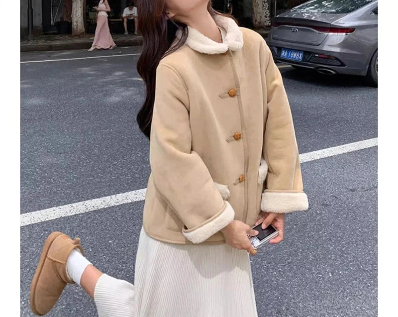 Women Faux Lamb Suede Jacket Winter Warm Long Sleeve Sweet Cotton Coat Korean Pockets Female Thick Vintage Outwear Tops voguable