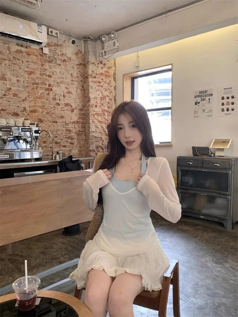 Long Sleeve Women Sun-protective T-shirts+ Camisole Set Korean Slim Basic Elasticity Pullovers Thin Perspective Sexy 2 Piece Set voguable