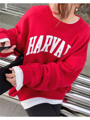 Women's English Printing Long Sleeved Red Sweatshirts Spring Autumn New Street Style Female Loose Round Neck Pullover Tee voguable