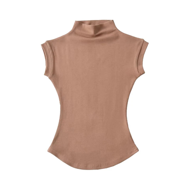 y2k Crop Tops Women Summer Vest Solid Color Mock Neck Sleeveless Stretchy T Shirts 2000s Aesthetic Clothing Streetwear voguable