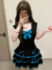 Voguable  Summer Japanese Sweet Kawaii Lolita Dress Women Vintage Lace Bow Ruffle Cake Dress Harajuku Y2k Slim Bandage Dress Fashion voguable