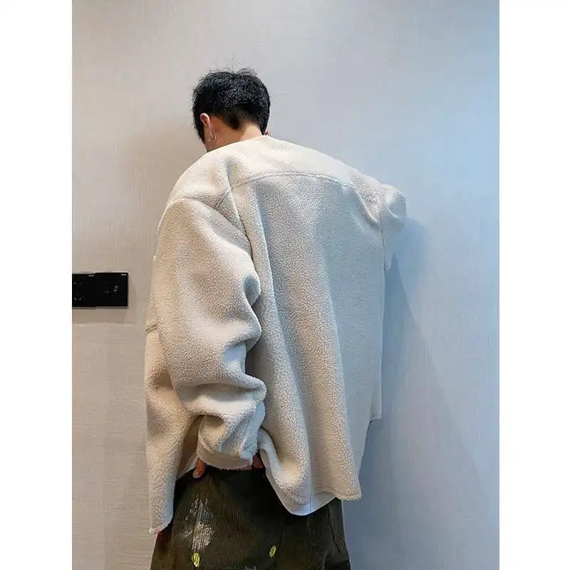 Hong Kong Style Retro Coat Versatile Solid Color Lamb Fur Plus Velvet Shirt Fashion High-end Autumn Winter Loose Fleece Jacket voguable