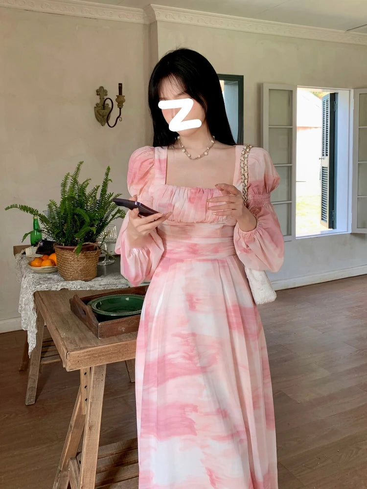 Voguable Chiffon Long Sleeve Floral Midi Dress Chic French Slim Elegant Women Dress Casual Fashion Beach Style Office Lady Dresses voguable