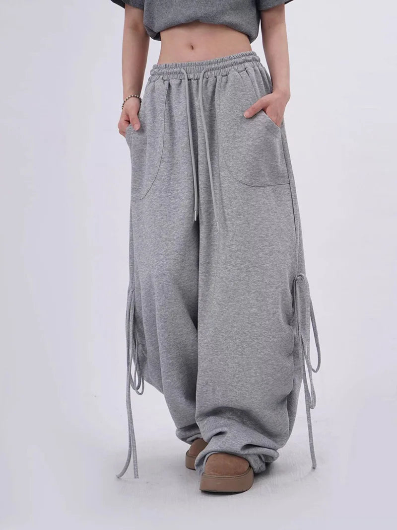 Streetwear Gray Sweatpants Women Low Waist Loose Harajuku Pockets Pants American Casual Hip Hop Lace Up Oversize Bf Trousers New voguable