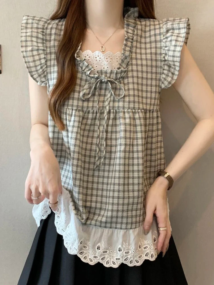 Lace Patchwork Plaid Shirt Women Casual Loose Flying Sleeve Vintage Blouse Preppy Style Sweet Korean Lady Retro Summer Tops voguable