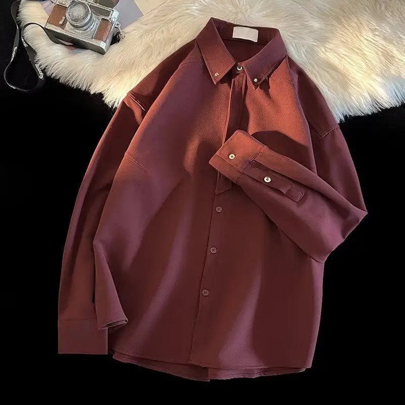 Voguable  White & Burgundy Lapel Shirt, Loose Fit Daily Office Men's Clothing Versatile Basic Top Long Sleeve Men's Shirts voguable