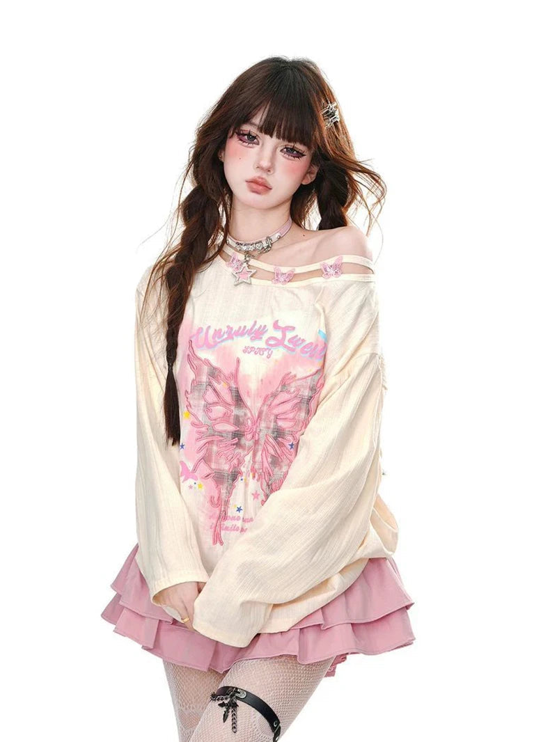 Streetwear Bufferfly T Shirt Women Loose Hollow Out Long Sleeve Vintage Tees American Sweet Casual Oversize Letter New Tops voguable