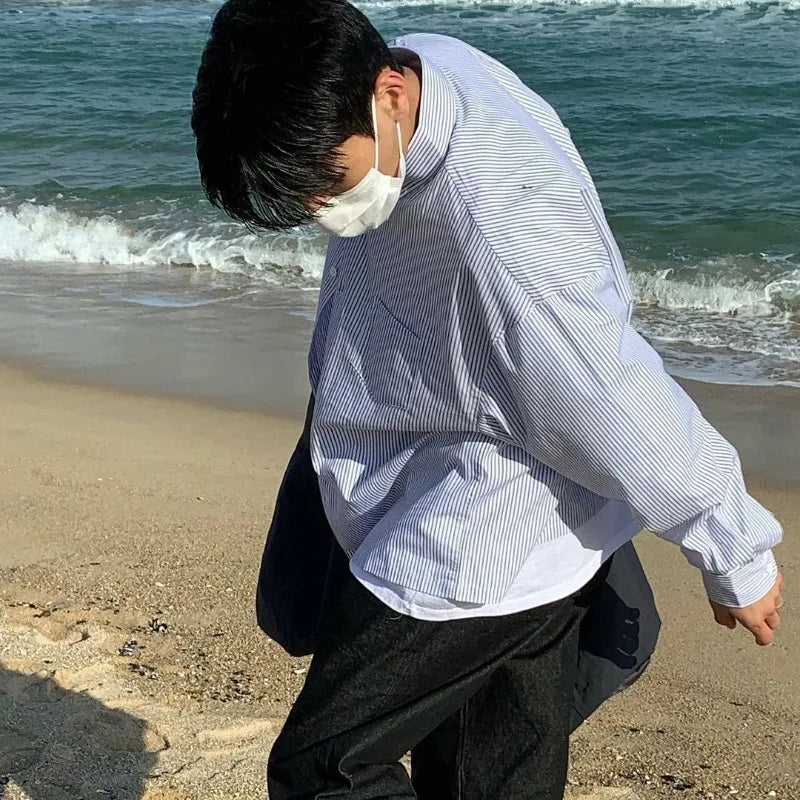 Man Stylish Button Blouse Simple Striped Long Sleeve Summer Spring Cardigan Stripe Blue Classic Casual Oversize Button Up Shirts voguable