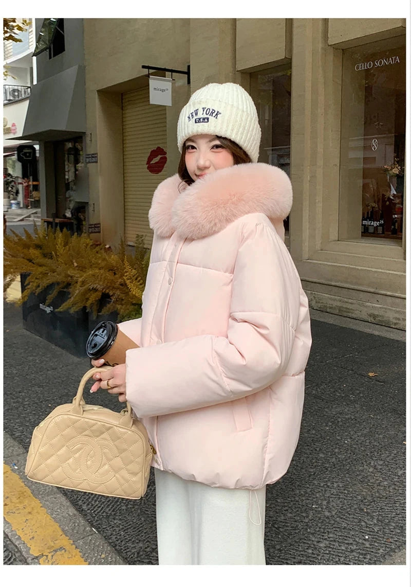 Preppy Style Sweet Parkas Women Cute Long Sleeve Vintage Faux Fox Hooded Cotton Coat Korean Winter Thick Warm New Outwear voguable