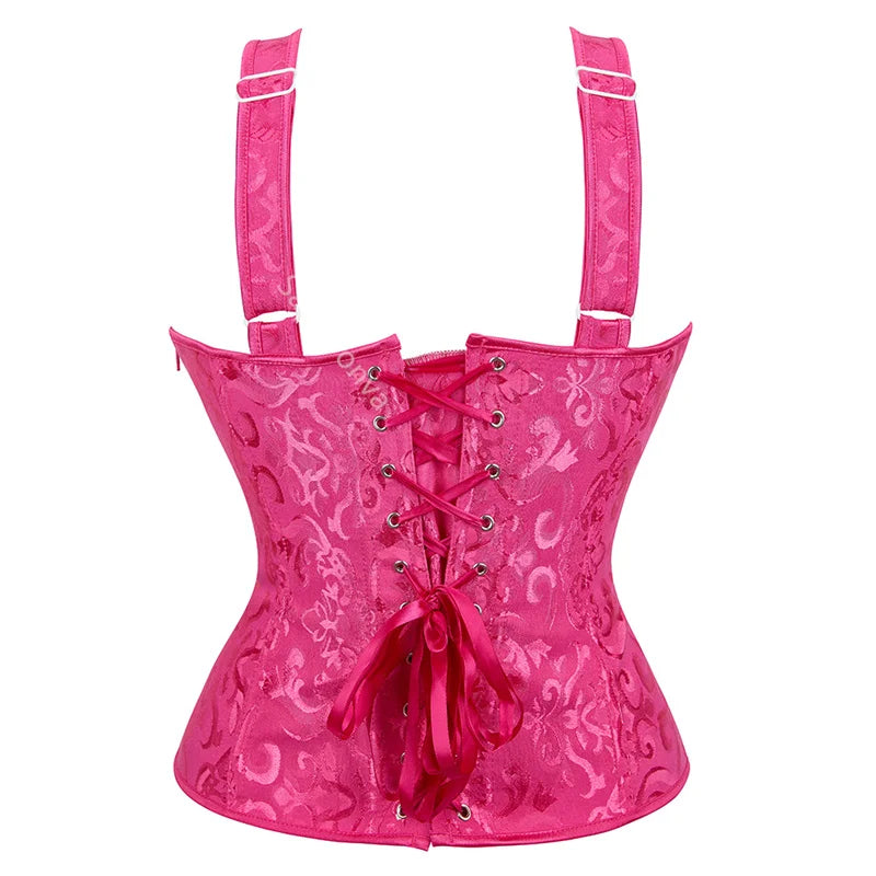 Voguable Rose Red Corset Top With Straps Sexy Bustier Zipper Brocade Vest Lingerie Plus Size Gothic For Women Outfit Burlesque Medieval voguable