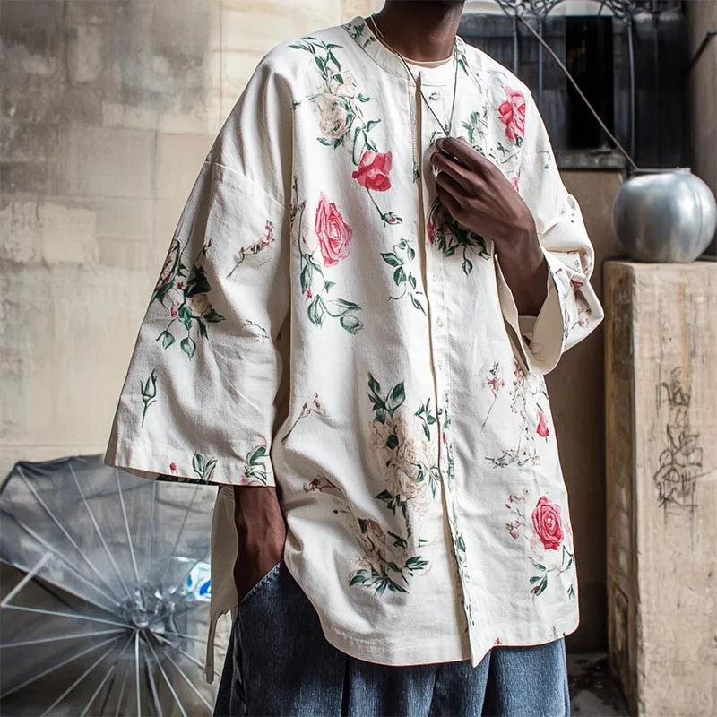 2025Men Shirt Flower Printing Stand Collar 3/4 Sleeve Oversize Men Clothing Streetwear Korean Style Casual Male Shirts voguable