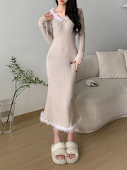 Fur Trim Knitted Slim Casual Long Dress mysite