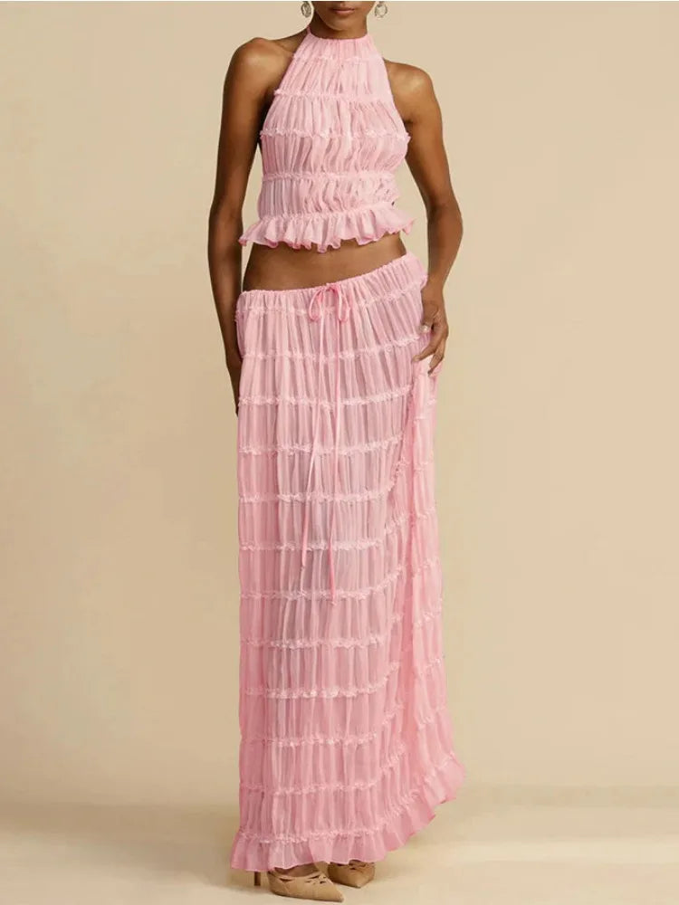 TARUXY Sexy Backless Halterneck Strappy Pleated Lace Vest Long Skirt Suit For Women Mesh Splice Solid Summer Beach Party Outfits voguable