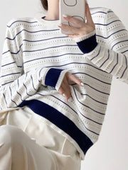 Vintage Elegant Striped Sweaters Women Loose O Neck Hollow Out Knitted Pullover French Retro Long Sleeve Casual Jumper Tops voguable