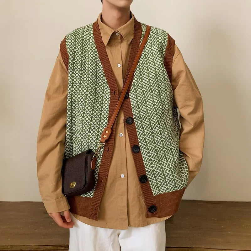 Sweater Vest Men Retro Handsome Knitwear High Street Fashion Clothing Harajuku All-match Autumn Cool Teens V-neck Kpop Japanese voguable