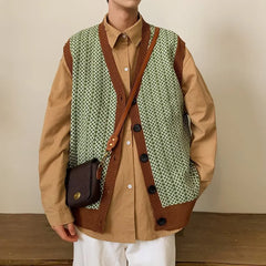 Sweater Vest Men Retro Handsome Knitwear High Street Fashion Clothing Harajuku All-match Autumn Cool Teens V-neck Kpop Japanese voguable
