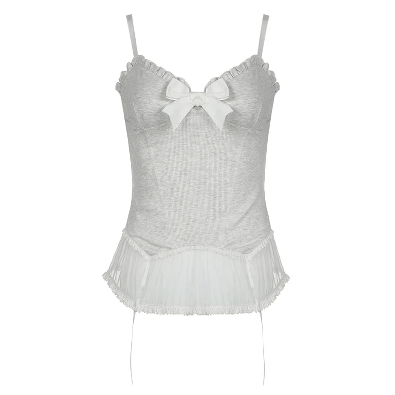 Voguable  Y2K Lace Ruffles Crop Top Women Coquette Aesthetic Bow Milkmaid Corset Cute Japanese Lolita Style Camis Fairy Vest voguable