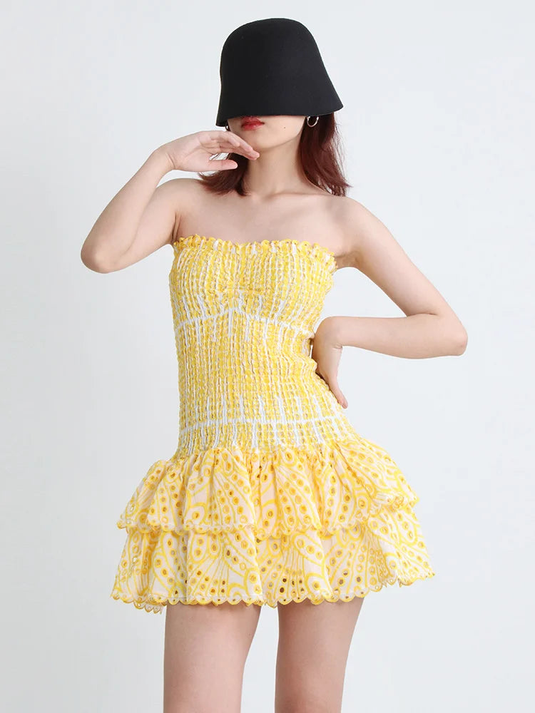 Cut Out Layered Hem Sexy Dress For Women Strapless Sleeveless Off Shoulder High Waist Mini Dresses Female Clothing voguable