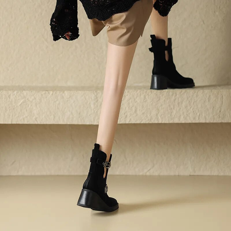 Autumn Winter New Women Ankle Boots Thick High Heels Cow Suede Genuine Leather Shoes Woman Side Office Lady Retro Boots voguable