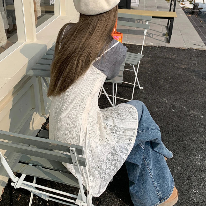 Voguable 2024 Spring New Korean Hollow Loose Casual Asymmetric Lace Sling Dress Women + Solid Color Long-sleeved T-shirt Two-piece Suit voguable