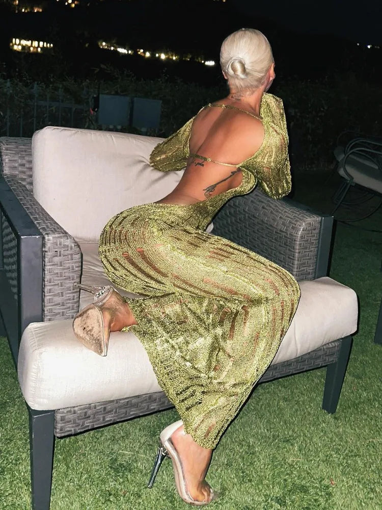 TARUXY See Through Backless Sexy Dress For Women Summer Hollow Out Kintted Maxi Dresses Femme Club Fashion Solid Vestido Woman voguable