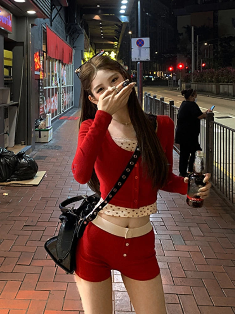 Voguable  2024 New Korean Fashion Party 3 Piece Set Woman Knitted Cardigan + Casual Short Vest + Slim Shorts Outwear Sweet Suit Female voguable