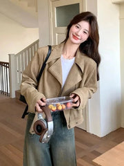 Retro Biker Faux Suede Jacket Women Fall Casual Long Sleeve Slim Short Coat Streetwear American Hip Hop Harajuku Tops New voguable