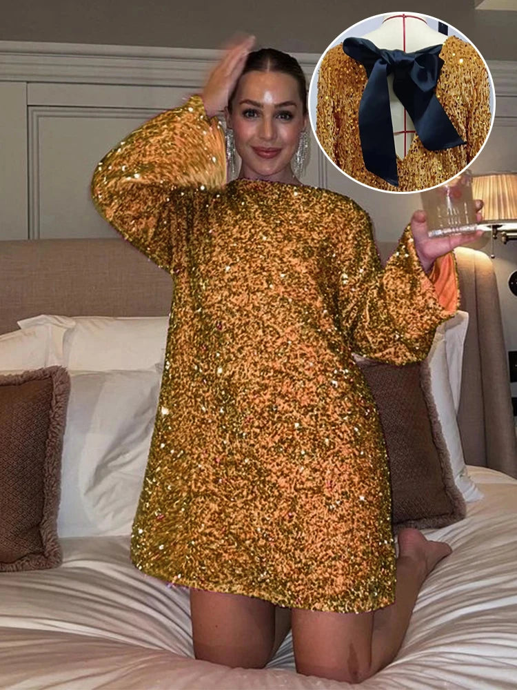 Fashion Shining Sequin Mini Dress For Women Long Sleeve Bowknot Chic Short Dresses Female Elegant Holiday Evening Party Looks voguable