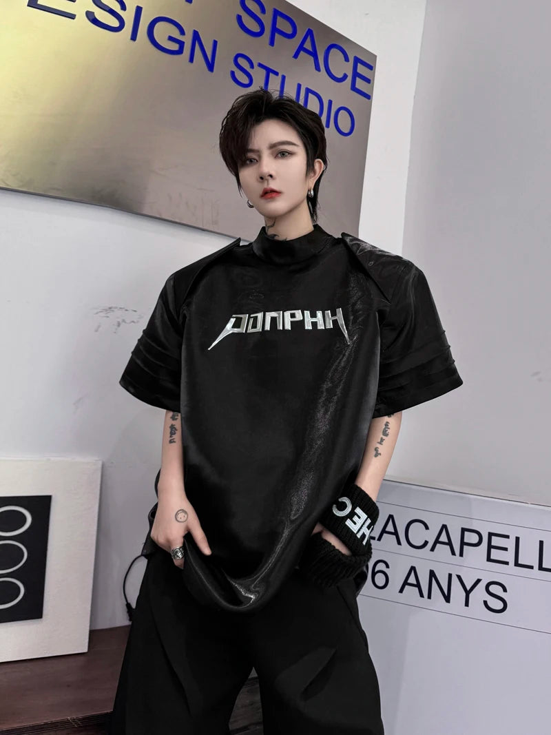 Voguable  Stylish Street Letter Splicing Design Short Sleeve Tops Men's Personality Shoulder Pad Original Handsome T Shirts voguable