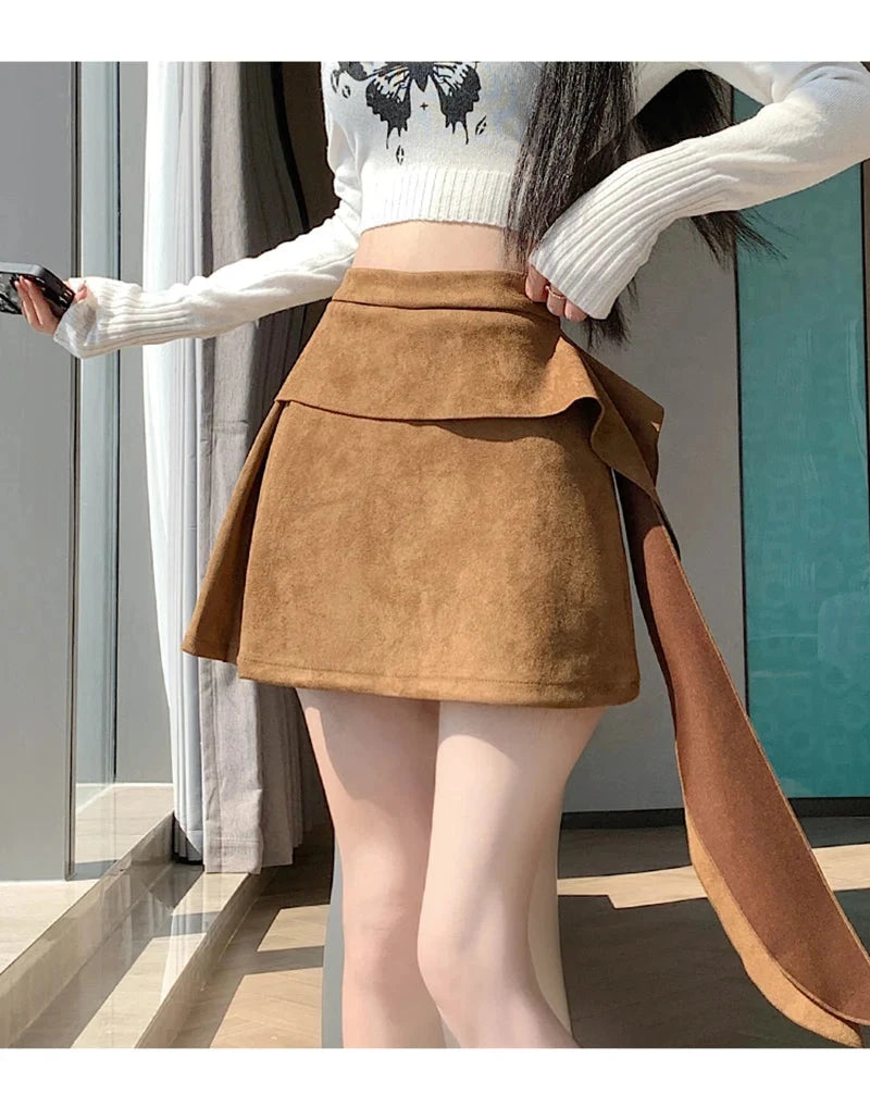Sexy Slim Faux Suede Skirt Women High Waist Streetwear Vintage Bow Mini Skirts Fall Winter Casual American A Line Skirt New voguable