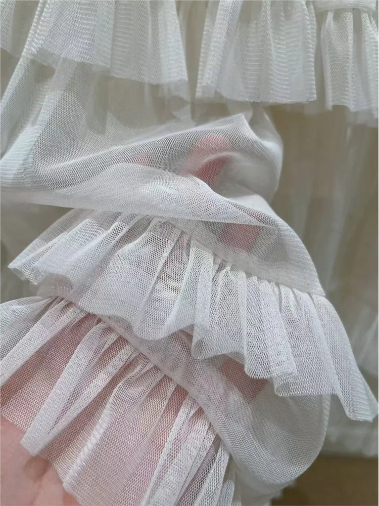 Sweet Chic Ruffle Mesh Tutu Cake Skirt Elastic Waist Beige Streetwear Long Skirt 2025 New Spring Summer A-line Fashion Skirts voguable
