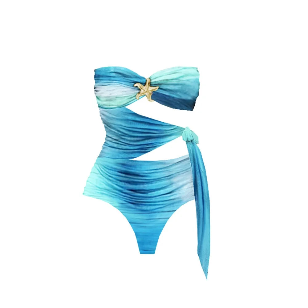 2Pcs Hollow Swimsuit With Long Skirt Women Sexy Swimwear Female Bikini Cut Out Biquini Swim Suit Shiny Star Bodysuit Beachwear voguable