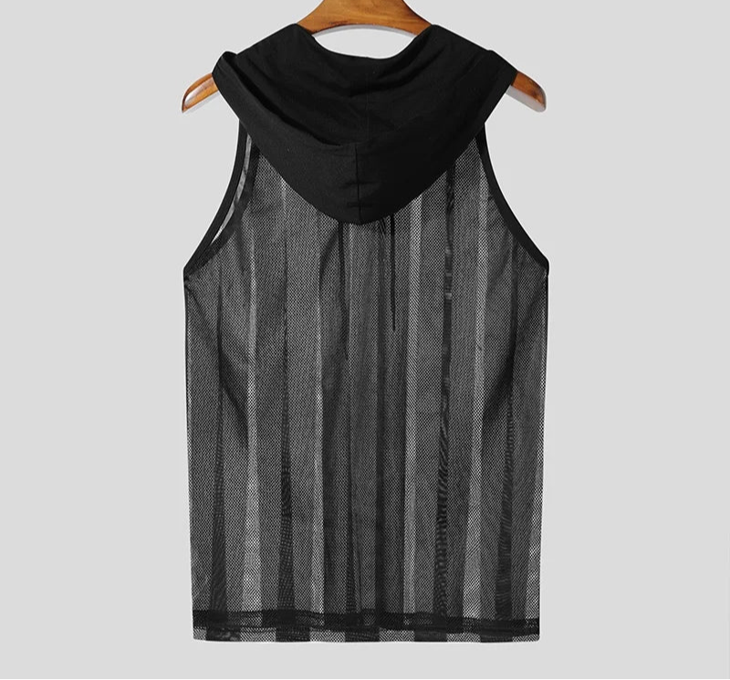 Men Tank Tops Striped Mesh See Through Sexy V Neck Sleeveless Male Vests Hooded Streetwear 2025 Fashion Men Clothing voguable