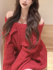 Autumn Design Sexy White Knitted Sweater Women Long Sleeve Pure Color Korean Fashion Y2k Clothing Elegant Pullover Female voguable